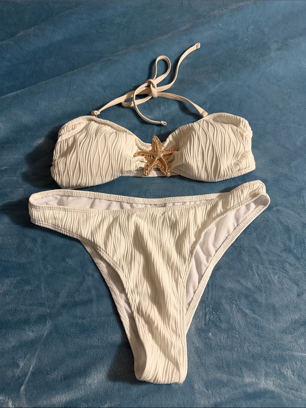 White Textured Bandeau Bikini with Gold Starfish Accent